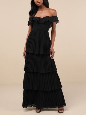 NWT Lulus Always Remarkable Black Pleated Off-the-Shoulder Maxi Dress